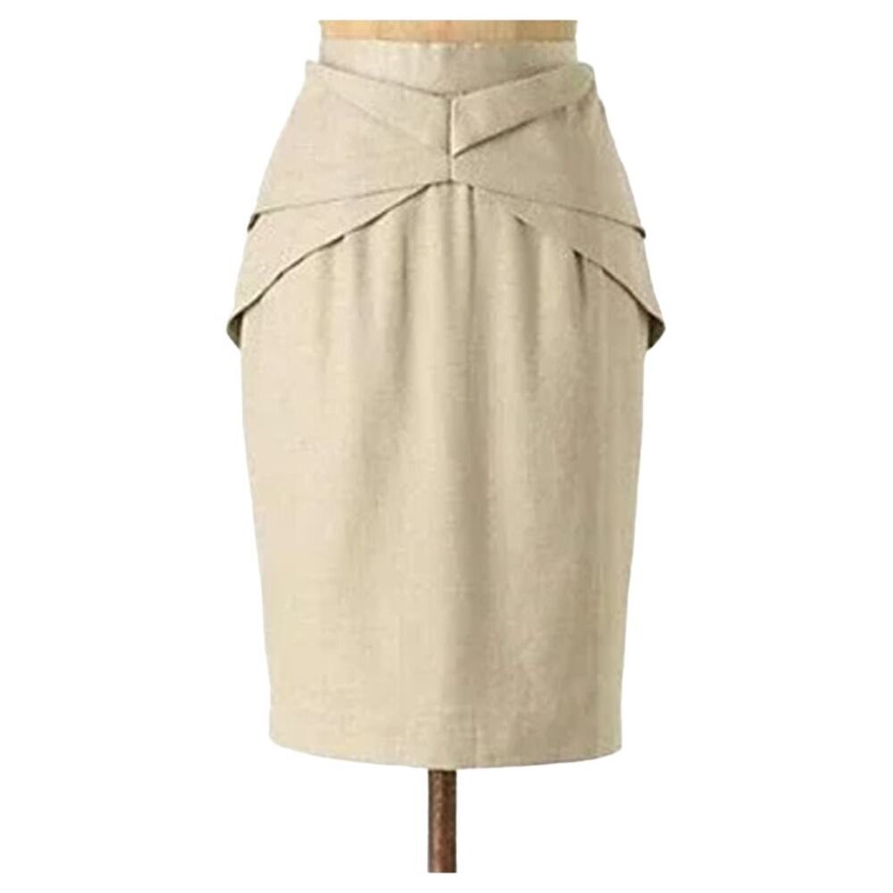 Anthropologie Girls from Savoy YUMI Skirt Knee Length Back Zip Slit Tan 2